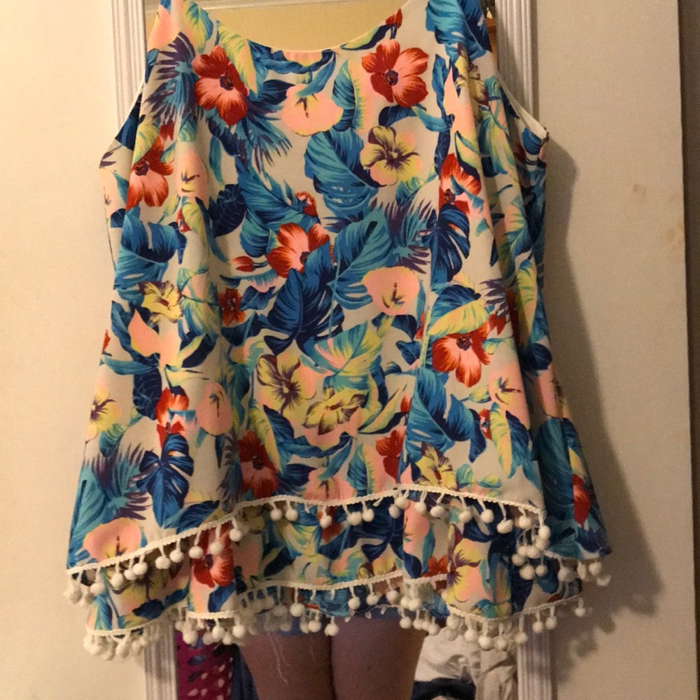 Multi color floral print top with Pom poms